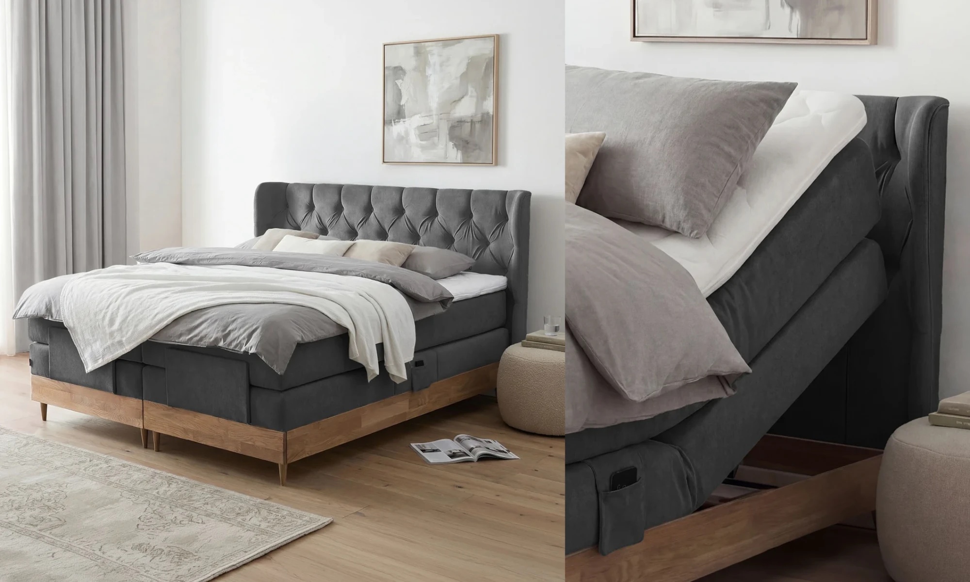 Belanoti Boxspringbett in Anthrazit mit Eichenholzsockel und verstellbarem Kopfteil, Lifestyle-Szene von FrameScale
