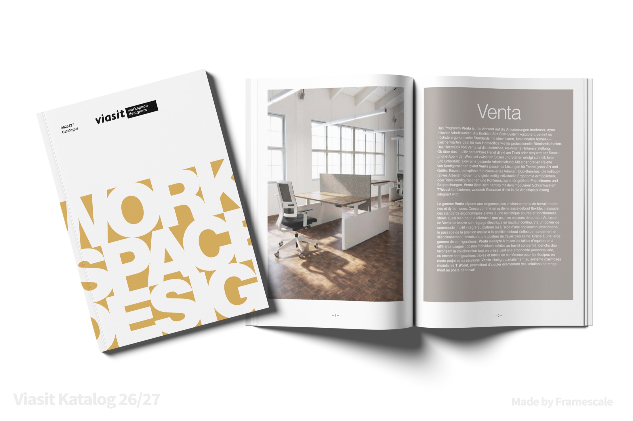 Cover des Viasit Workspace Designers Katalogs 2026/27, Bildsprache von FrameScale