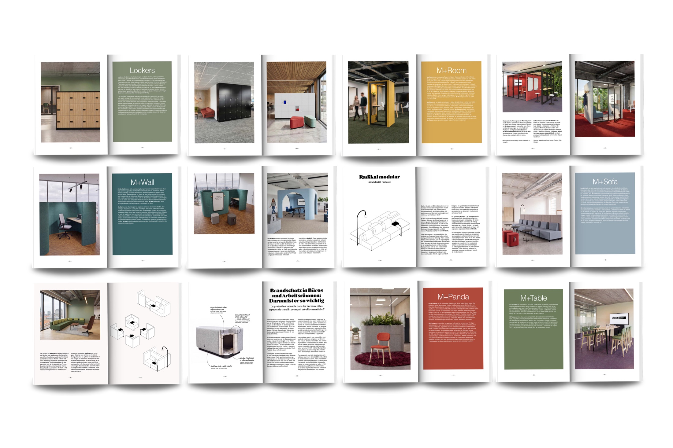 Doppelseiten aus dem Viasit Katalog 2026/27: Schränke, Akustikmöbel und Rückzugsorte im Büro