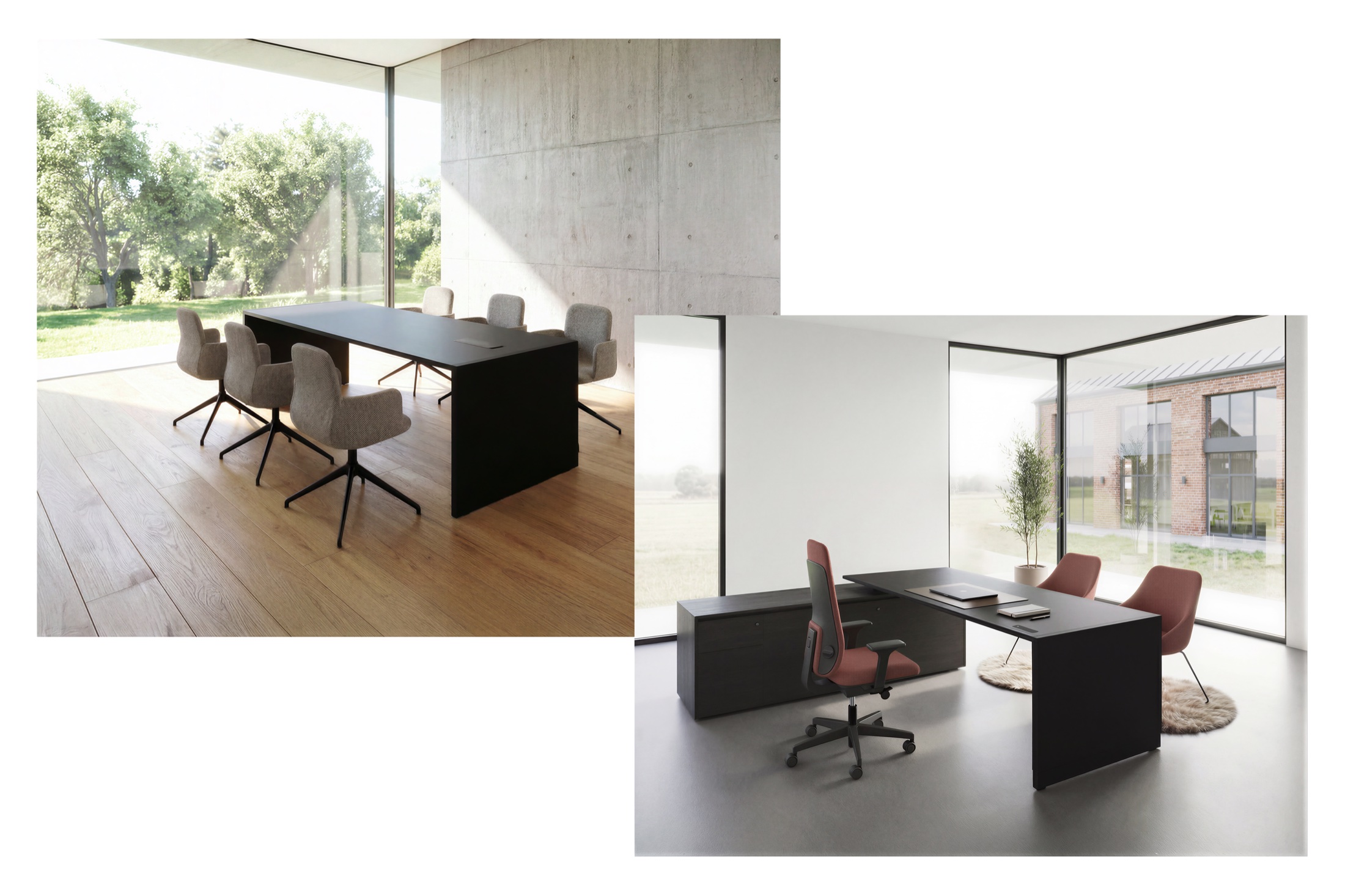 Konferenztisch und Chefschreibtisch in hellen Büros mit Betonwand und Glasfront, Möbel von Viasit Workspace Designers