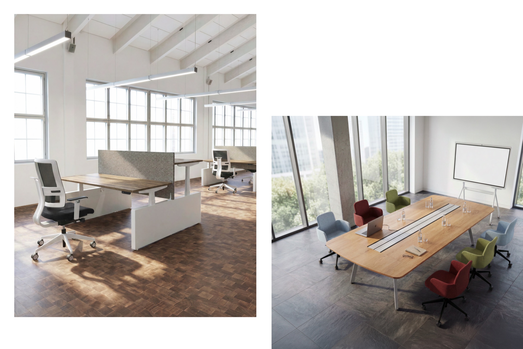 Höhenverstellbare Arbeitsplätze im Loft und Konferenztisch mit bunten Stühlen im Hochhaus, Möbel von Viasit Workspace Designers