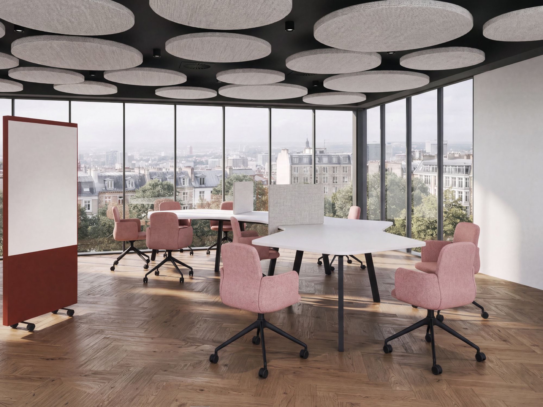 Besprechungsbereich mit rosa Bürostühlen und Akustikdecke über den Dächern der Stadt, Katalogmotiv von FrameScale für Viasit Workspace Designers