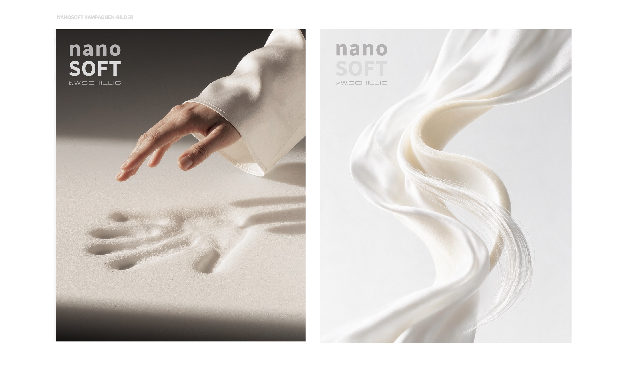 Kampagnenmotive nanoSOFT: Handabdruck im Polster und fließender Stoff – die Technologie sichtbar gemacht