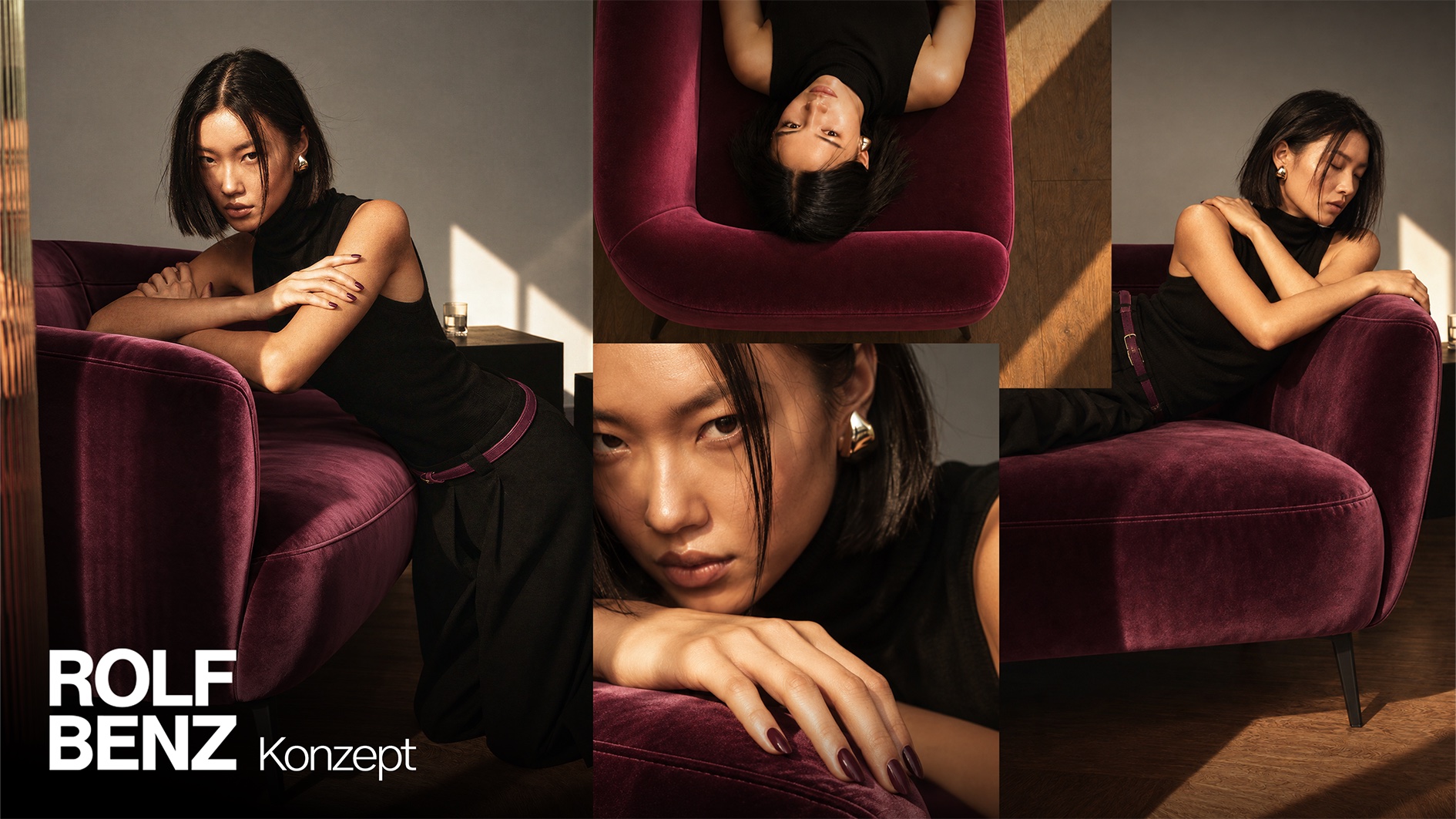 Rolf Benz Konzept von FrameScale: Collage mit Model auf dem Sofa ELVA in Bordeaux-Samt